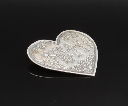 925 Silver  Vintage Engraved Kids & Flowers Flat Love Heart Brooch Pin  BP9566