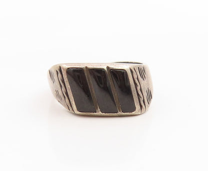 925 Sterling Silver Vintage Ring NAVAJO ZUNI Onyx Etched Band  Sz 9  RG35982