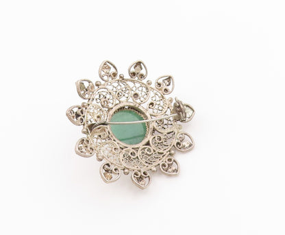 925 Sterling Silver  Vintage Green Onyx Floral Filigree Brooch Pin  BP9431