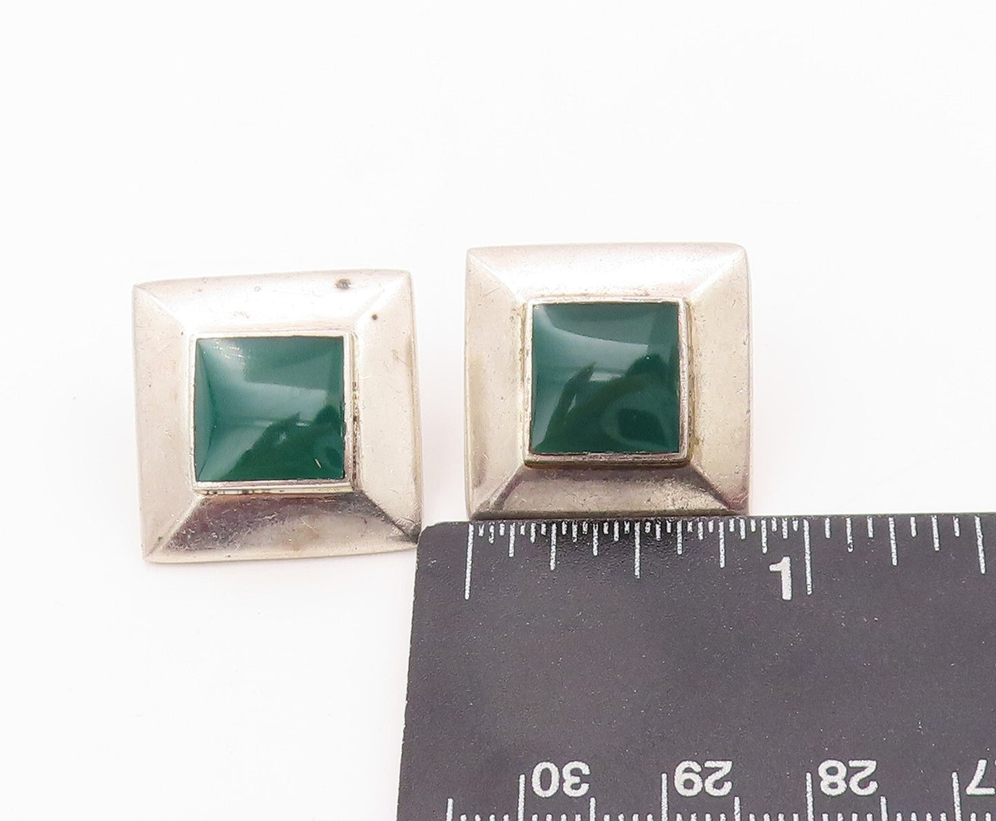 925 Sterling Silver Vintage Earrings Square Green Jade Halo Framed  EG13352