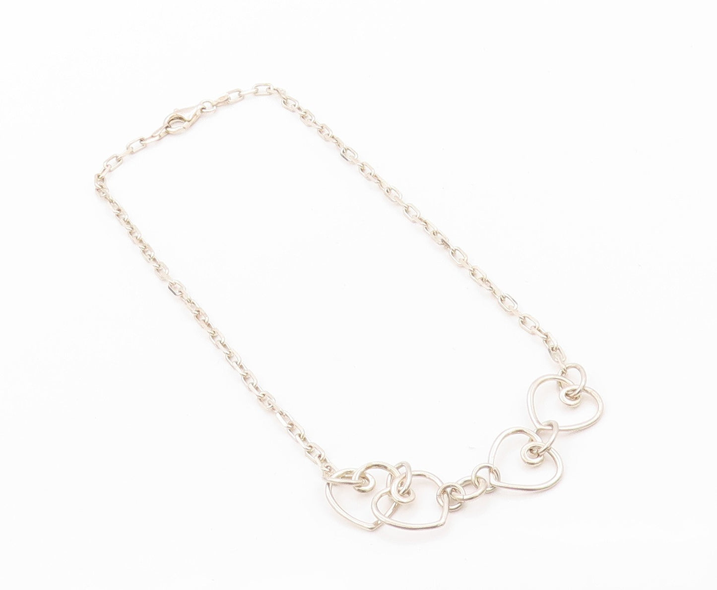 925 Sterling Silver Vintage Necklace Designer Linked Hearts Cutout  NE4525