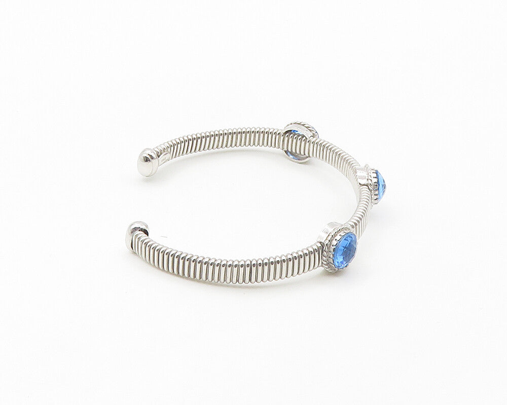 925 Sterling Silver  Faceted Blue Topaz Shiny Ribbed Cuff Bracelet  BT7174