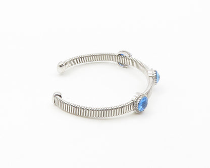 925 Sterling Silver  Faceted Blue Topaz Shiny Ribbed Cuff Bracelet  BT7174