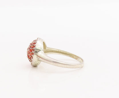 925 Sterling Silver Vintage Ring Domed Beaded Small Red CZ Inlay  Sz 6  RG28681