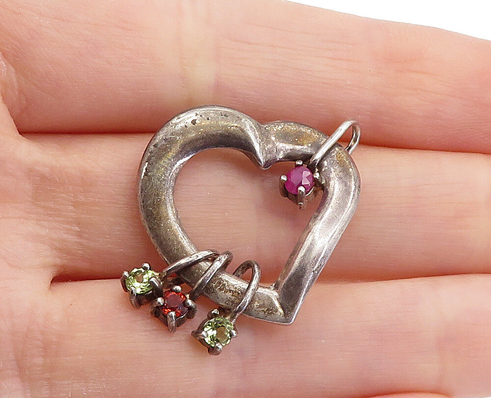 LENOX 925 Sterling Silver Vintage Peridot & Pink Topaz Heart Pendant PT4895