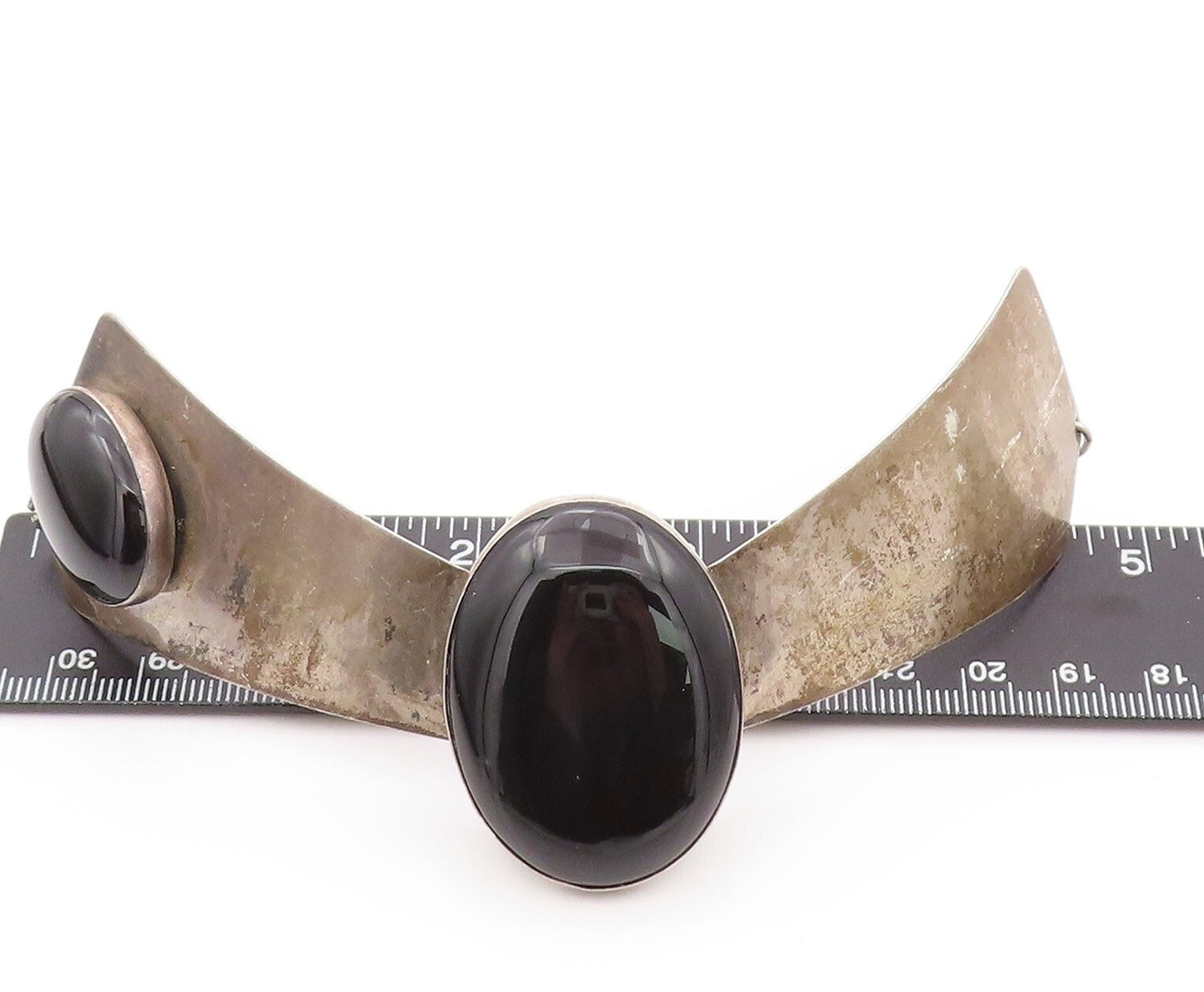 925 Sterling Silver Vintage Pendant Dark Tone Large Oval Cabochon Onyx  PT23984