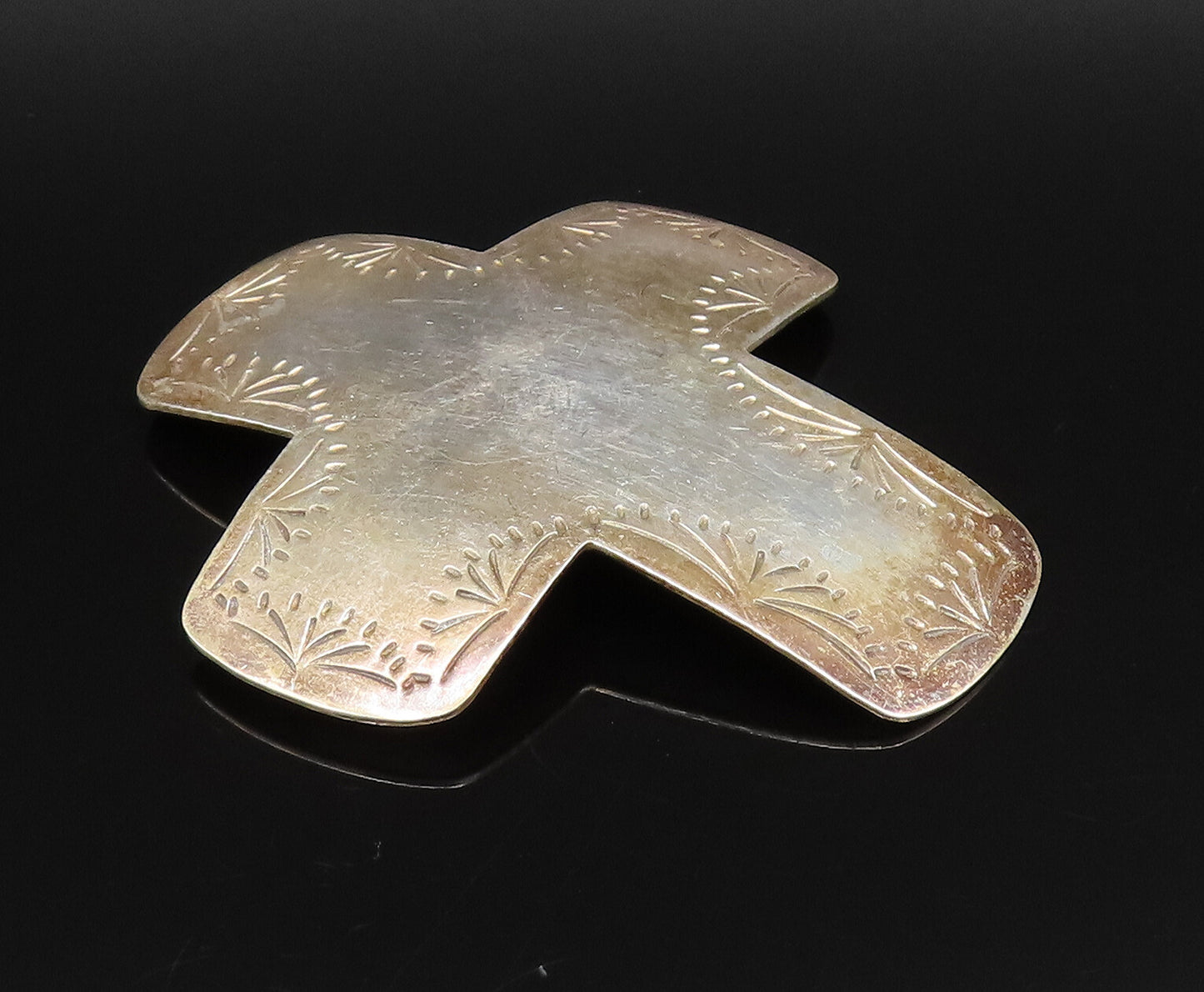 MEXICO 925 Sterling Silver Vintage Etched Religious Cross Dome Pendant PT21830