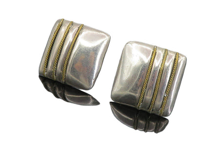 MEXICO 925 Sterling Silver   Vintage 2 Tone Square Non Pierce Earrings  EG4401