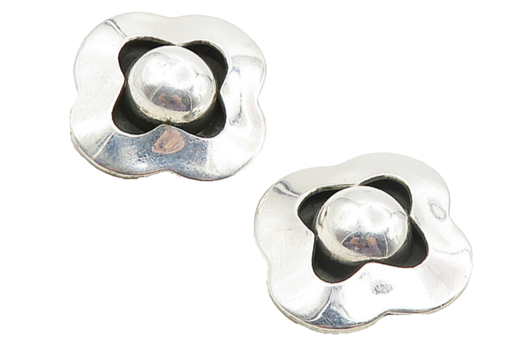 MEXICO 925 Sterling Silver Vintage Shiny Flower Motif Non Pierce Earrings EG4984