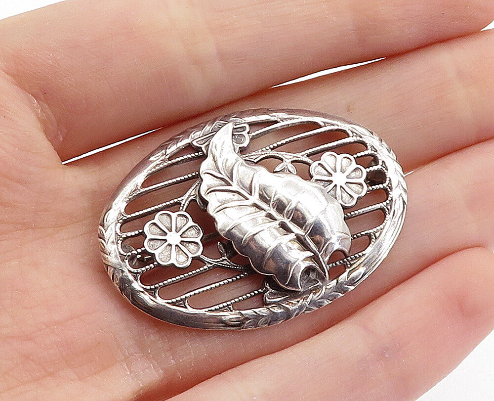 925 Sterling Silver  Vintage Shiny Floral Leaf Open Twist Brooch Pin  BP2555