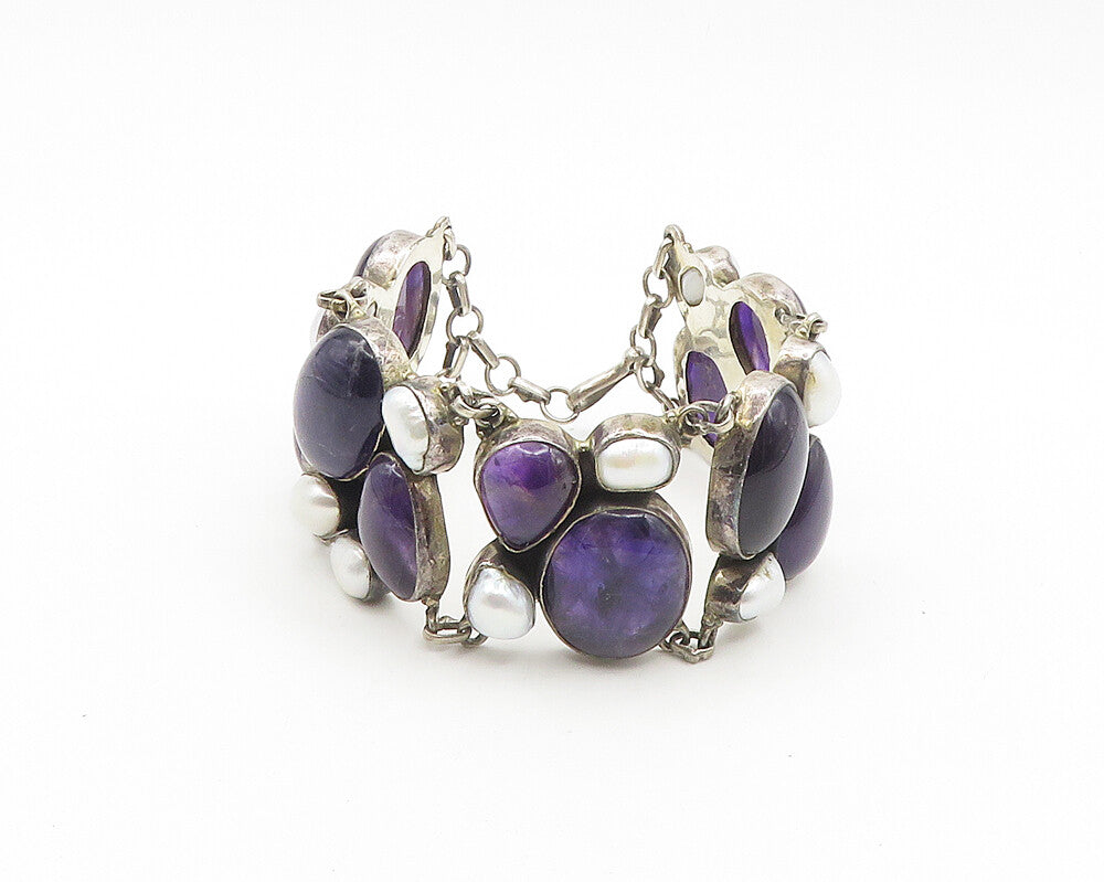 925 Sterling Silver  Vintage Amethyst & Mother Of Pearl Chain Bracelet  BT7290