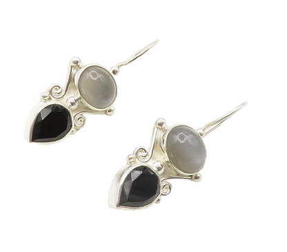 SAJEN 925 Silver  Vintage Black Hematite & Cat's Eye Dangle Earrings  EG7554