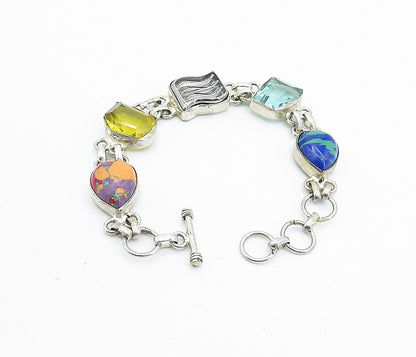 925 Sterling Silver  Vintage Azurite Turquoise & Topaz Chain Bracelet  BT3157