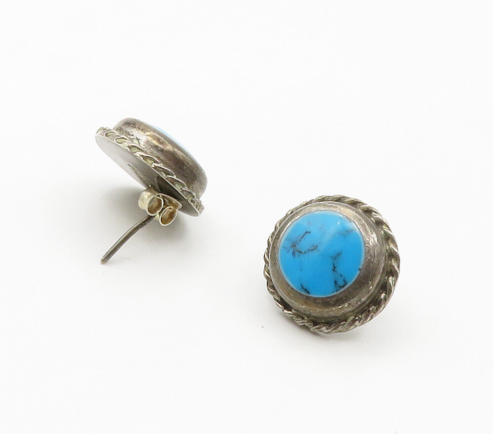 MEXICO 925 Sterling Silver  Vintage Turquoise Button Drop Earrings  EG7906