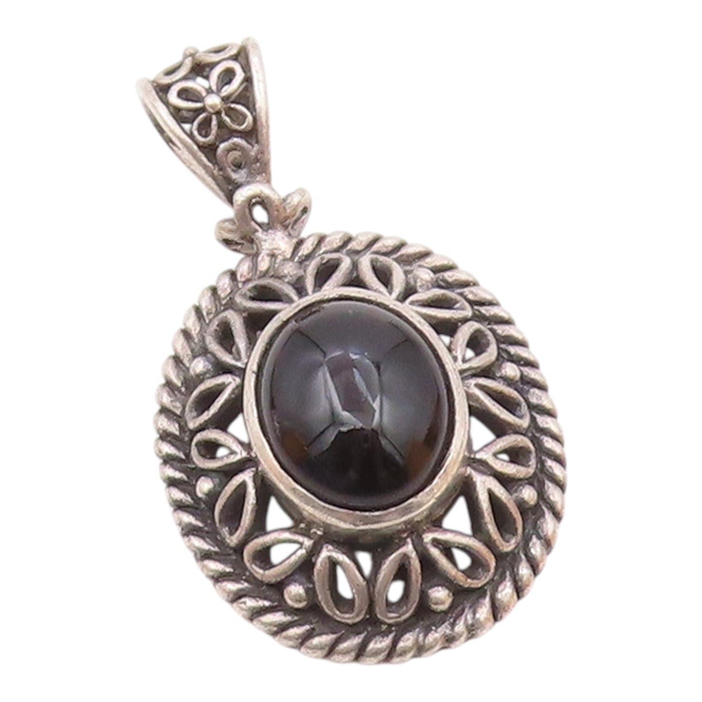 925 Sterling Silver  Vintage Cabochon Black Onyx Floral Dome Pendant  PT17632