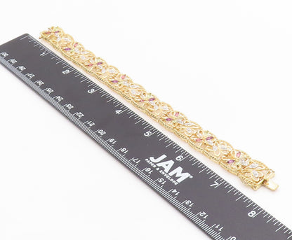 925 Sterling Silver Vintage Bracelet Gold Plated Gemstone Floral Link  BT12076