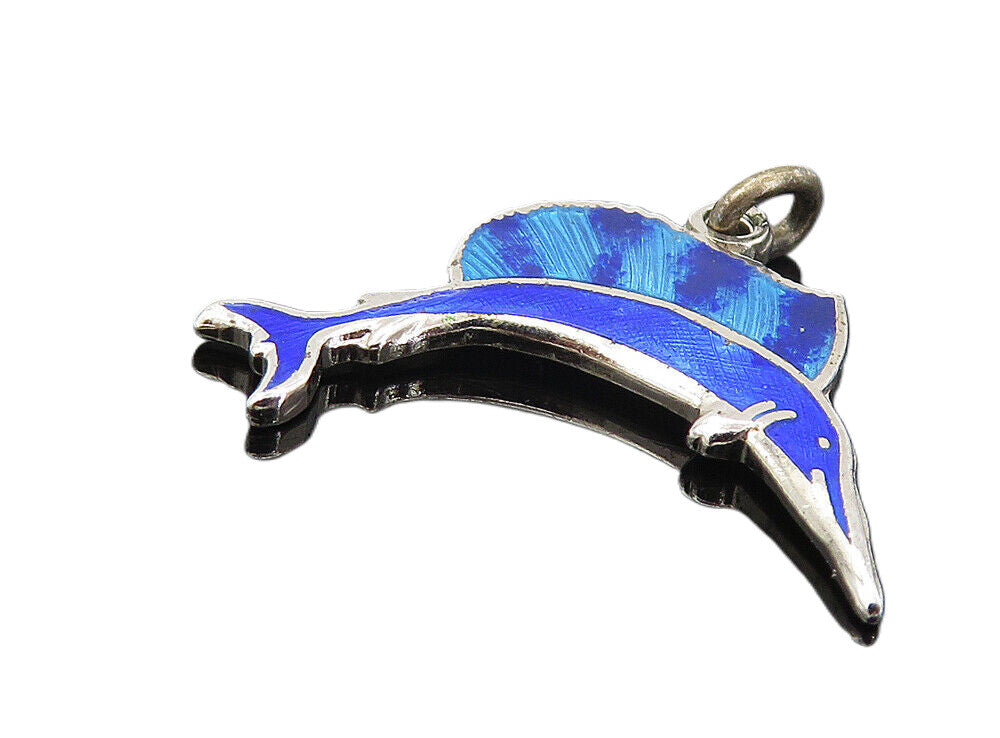 925 Sterling Silver  Petite Enamel Coated Swordfish Motif Drop Pendant  PT6348