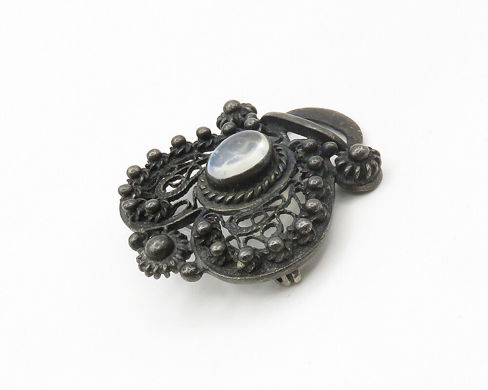 925 Sterling Silver   Vintage Cabochon Topaz Oxidized Swirl Brooch Pin  BP6865