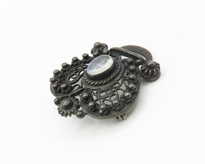 925 Sterling Silver   Vintage Cabochon Topaz Oxidized Swirl Brooch Pin  BP6865