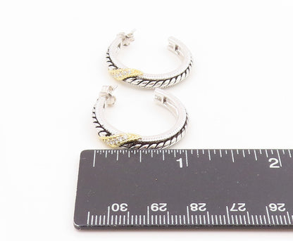 925 Sterling Silver Vintage Earrings Two Tone CZ Twisted Cable Hoops  EG14347