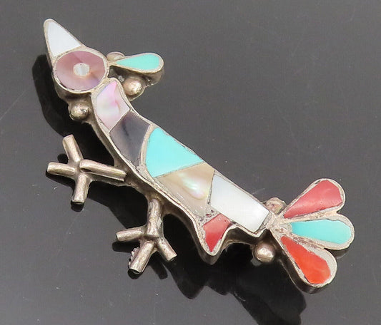 ZUNI NAVAJO 925 Silver - Vintage Inlay Multi Stone Sparrow Brooch Pin - BP10370