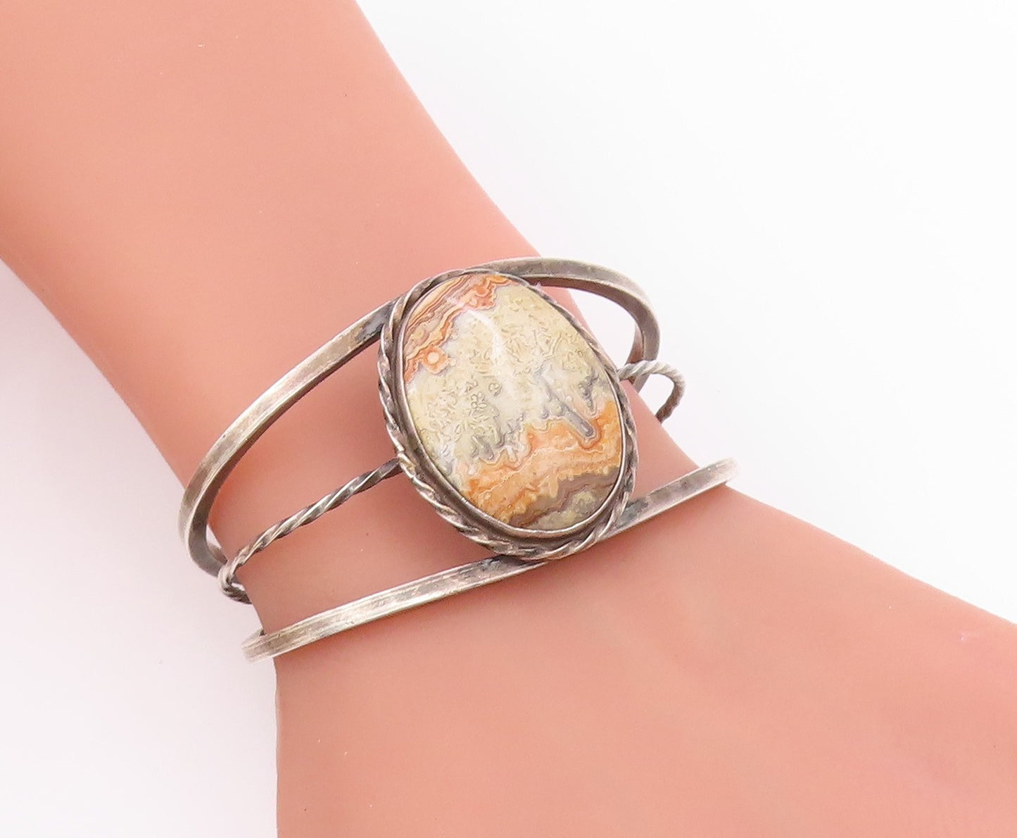925 Sterling Silver Vintage Bracelet SOUTHWESTERN Cabochon Agate Cuff BT11654