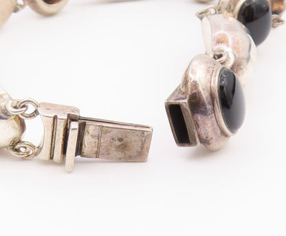 925 Sterling Silver Vintage Bracelet Black Onyx Hammered Puffy Dome Link BT12186
