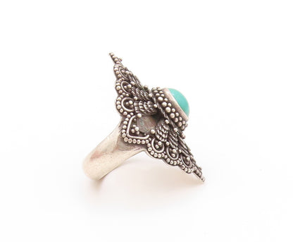 925 Sterling Silver Vintage Ring Antique Dark Tone Turquoise Flower Sz 7 RG32740