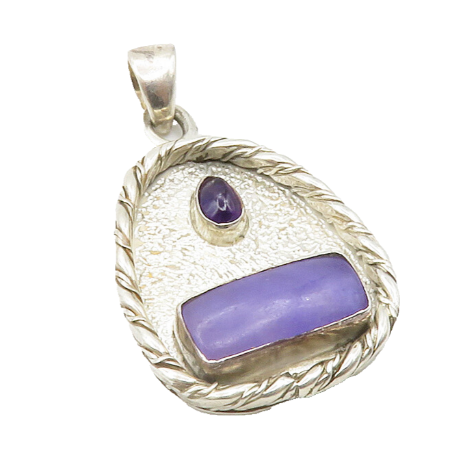 925 Sterling Silver  Vintage Charoite & Amethyst Twist Drop Pendant  PT9784