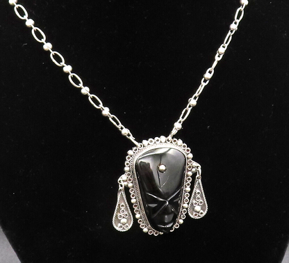MEXICO 925 Silver  Vintage Carved Face Onyx Beaded Detail Necklace  NE3976