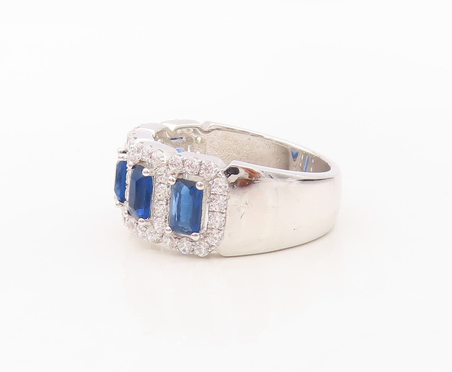 925 Sterling Silver Vintage Ring Rectangle Cut Sapphire Halo CZ  Sz 7.5  RG30237