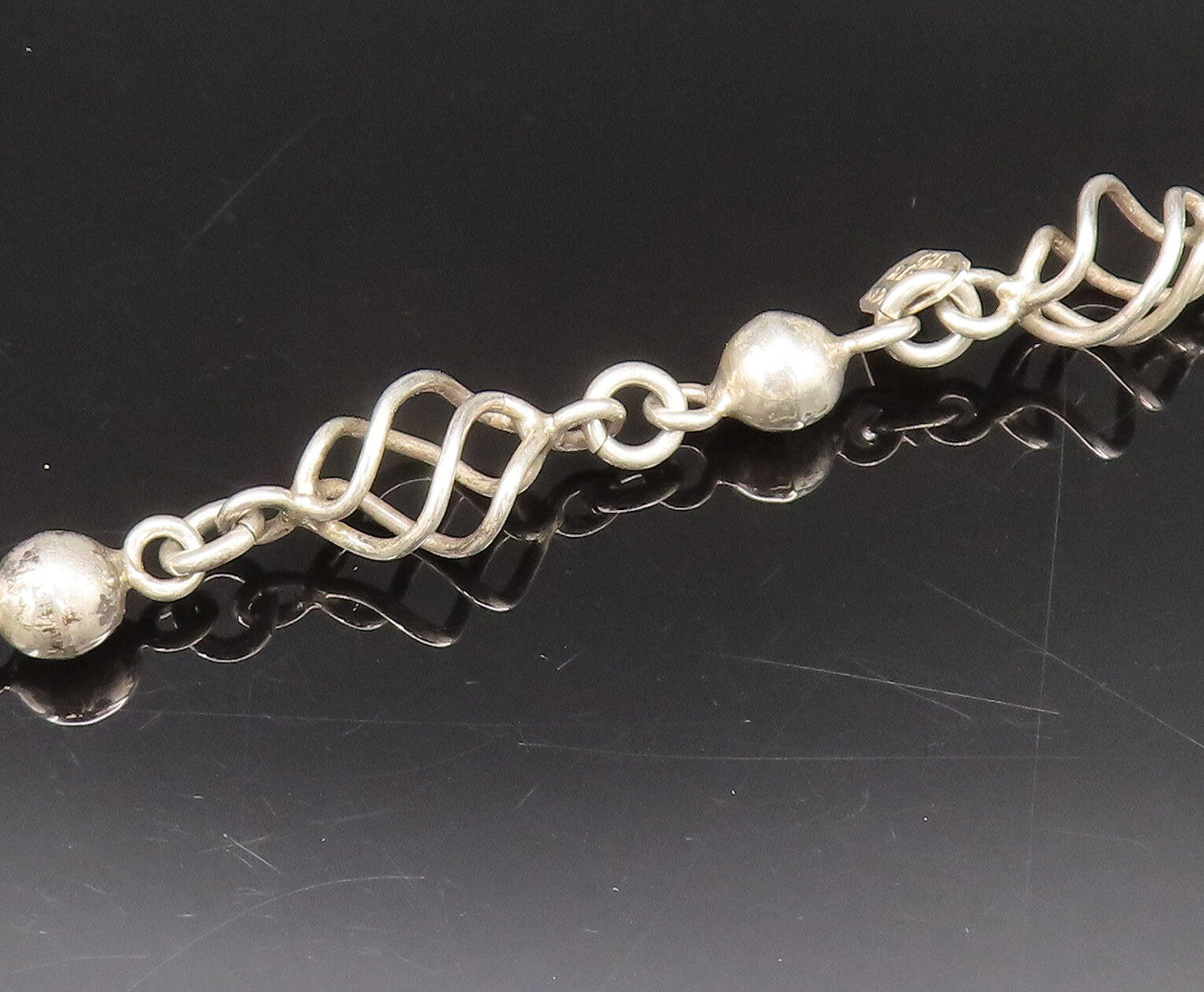 MEXICO 925 Sterling Silver Vintage Bead Ball & Spiral Wire Necklace  NE4022