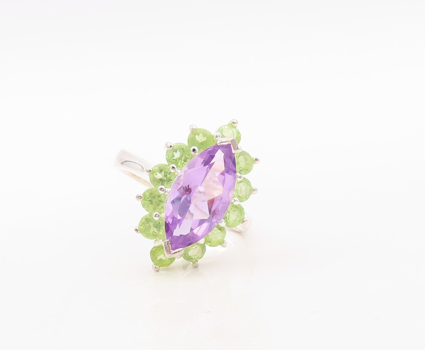 925 Sterling Silver Vintage Ring Marquise Cut Amethyst Halo Peridot Sz 7 RG31120