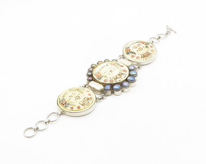 JAPANESE 925 Silver  Vintage Freshwater Pearls Carved Chain Bracelet  BT7508