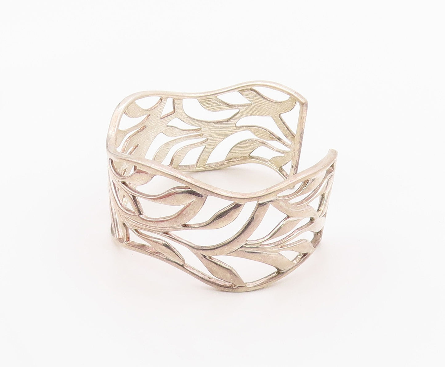 925 Sterling Silver Vintage Bracelet Modernist Wavy Leaf Cutout Cuff  BT12133