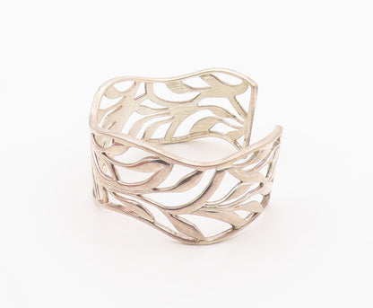 925 Sterling Silver Vintage Bracelet Modernist Wavy Leaf Cutout Cuff  BT12133