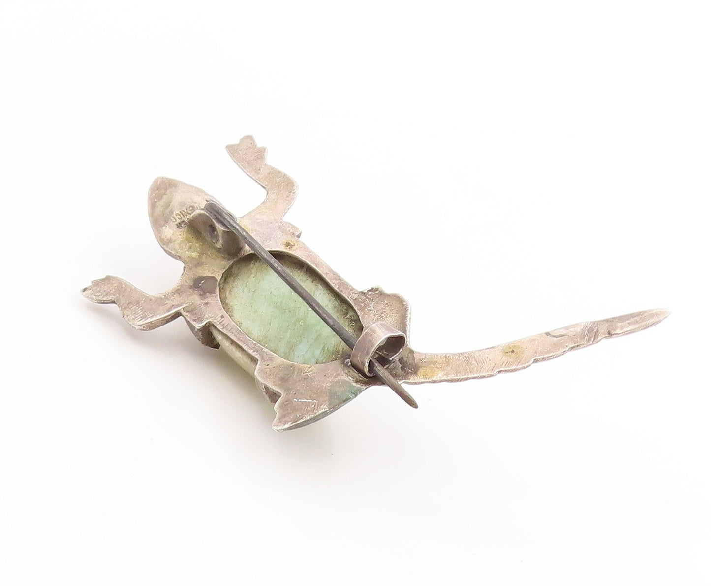 925 Sterling Silver Vintage Brooch MEXICO Cabochon Jade Lizard Reptile  BP11916
