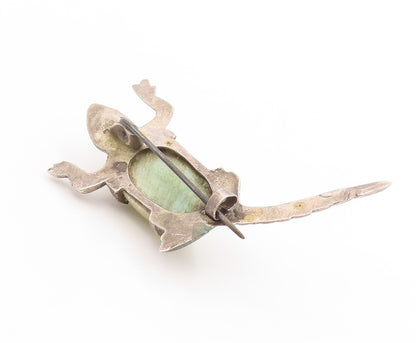 925 Sterling Silver Vintage Brooch MEXICO Cabochon Jade Lizard Reptile  BP11916