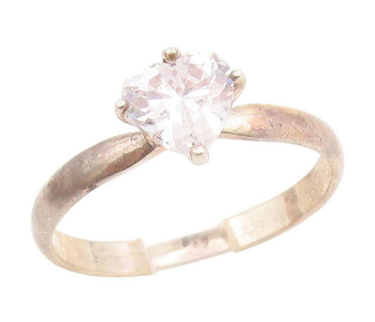 925 Sterling Silver Vintage Ring Heart Shape CZ Solitaire Band  Sz 10  RG34930