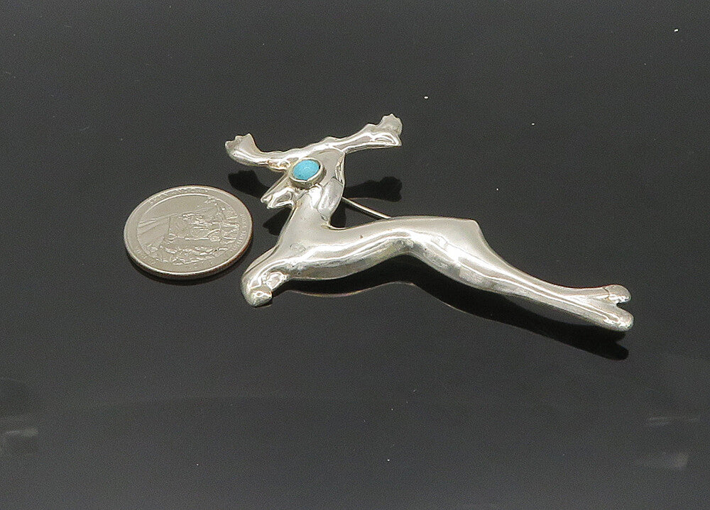 MEXICO 925 Sterling Silver  Vintage Turquoise Eye Reindeer Brooch Pin  BP8262