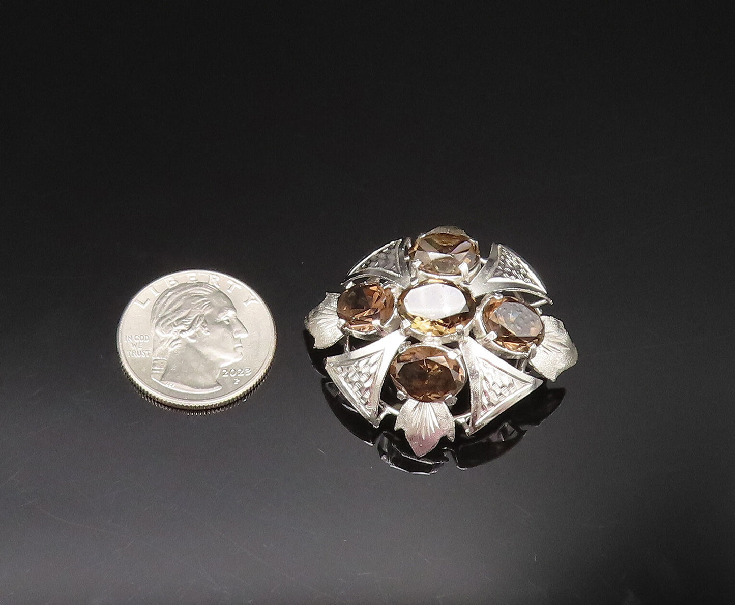 925 Sterling Silver  Vintage Smoky Quartz Leaf Fidget Dome Brooch Pin  BP9648