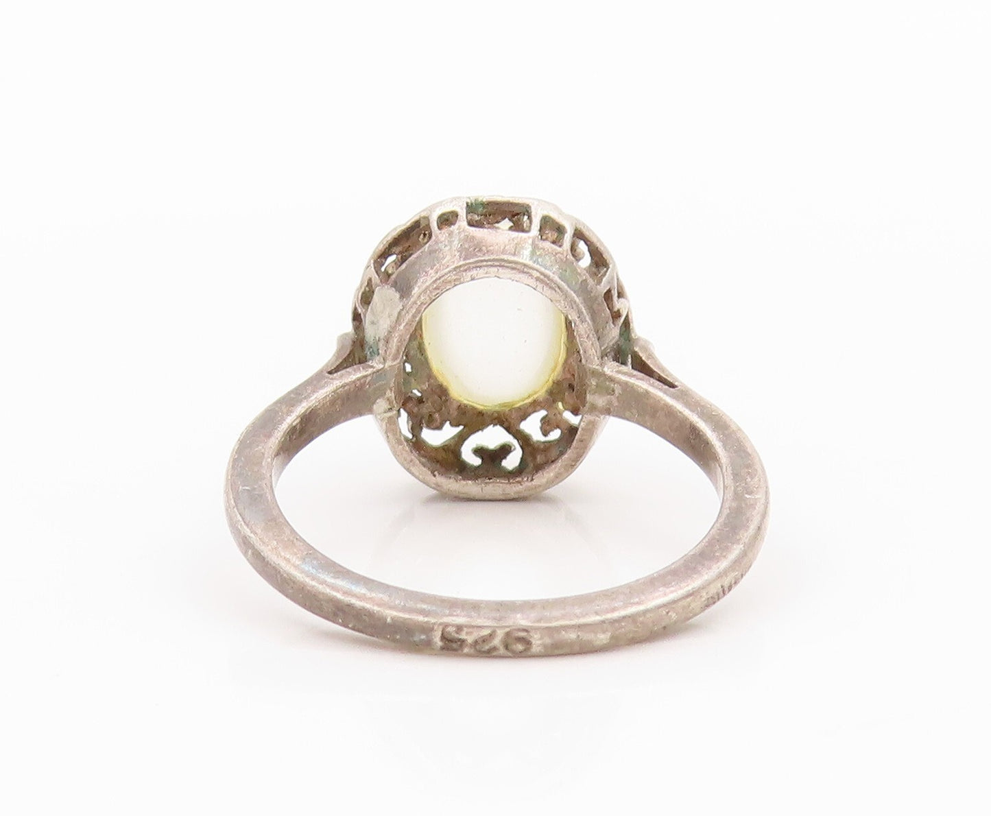925 Sterling Silver Vintage Ring Gemstone Swirly Heart Carved  Sz 7  RG31897