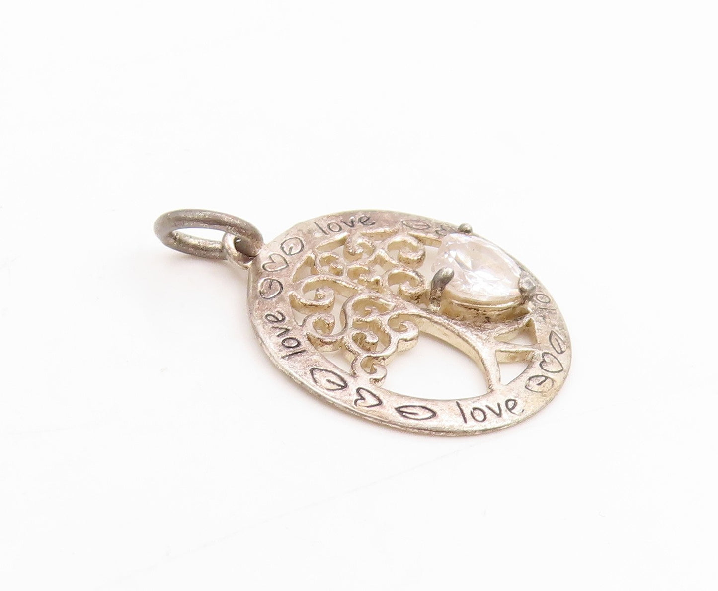 925 Sterling Silver Vintage Pendant Heart Shaped Topaz Tree Of Life  PT25364