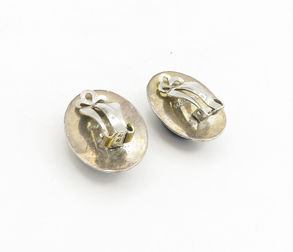 MEXICO 925 Silver  Vintage Cabochon Cut Black Onyx Non Pierce Earrings  EG4592