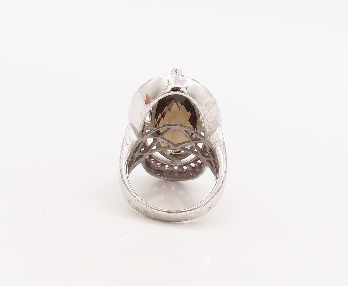 925 Sterling Silver Vintage Ring Pink CZ & Oval Cut Smoky Quartz Sz 7  RG29841