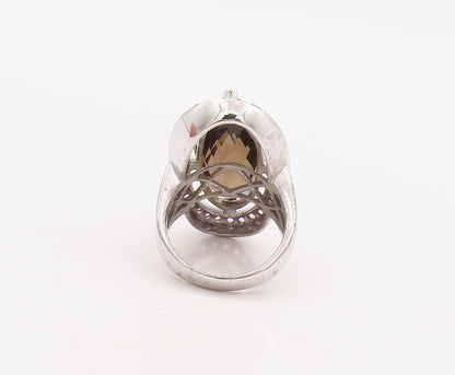 925 Sterling Silver Vintage Ring Pink CZ & Oval Cut Smoky Quartz Sz 7  RG29841