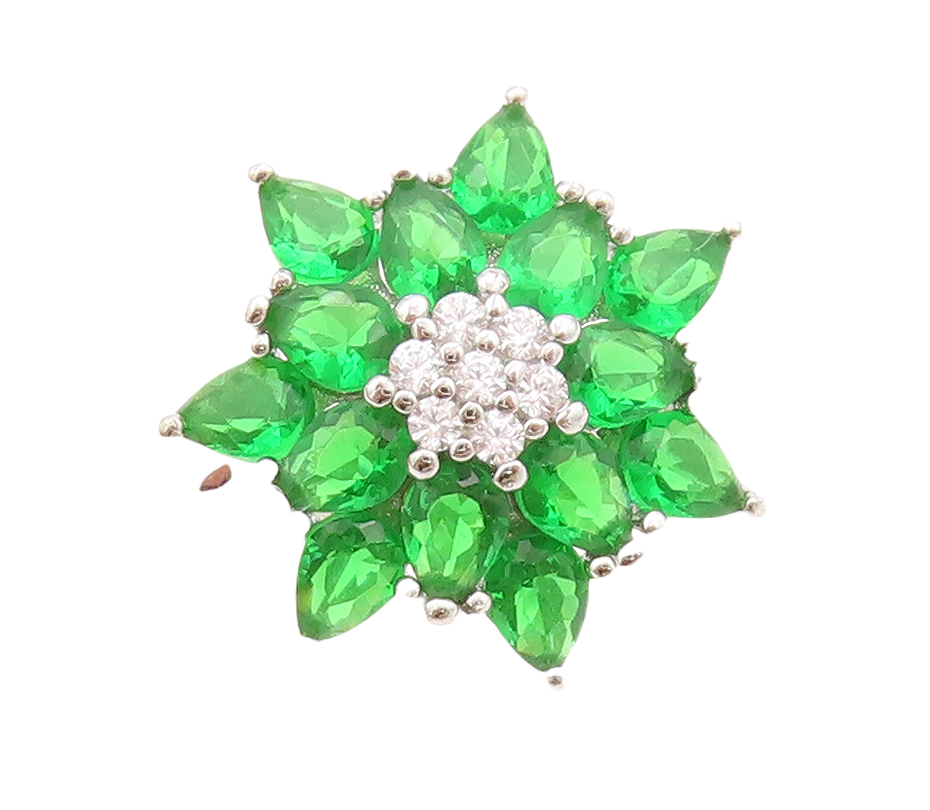 925 Sterling Silver Vintage Ring Drop Cut Green & White CZ Flower  Sz 7  RG30367