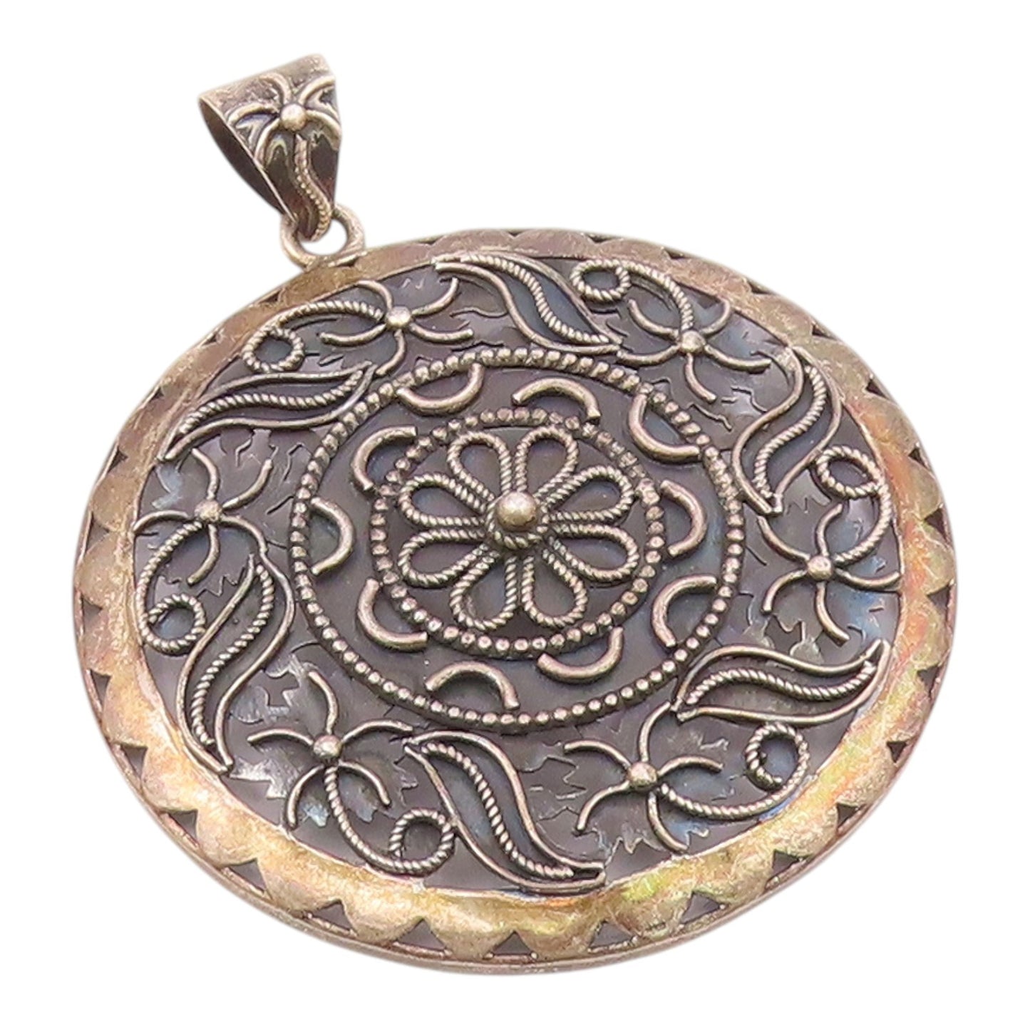 DOUG PAULUS 925 Silver  Vintage Two Tone Floral Beaded Scroll Pendant  PT20119