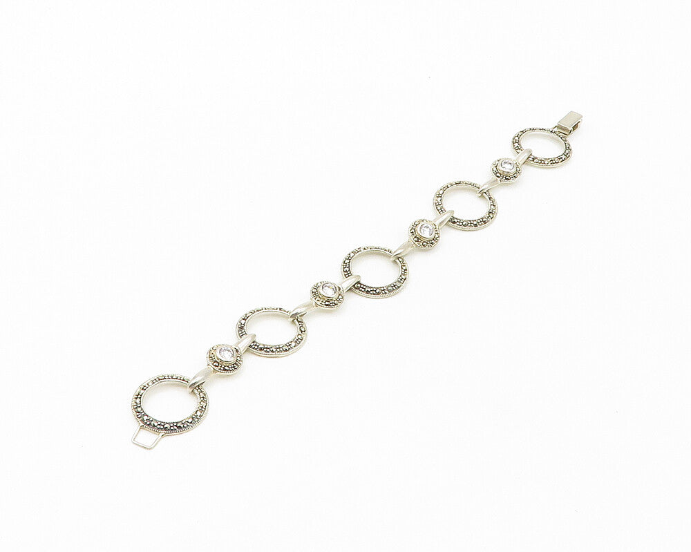 925 Sterling Silver  Shiny Cubic Zirconia & Marcasite Chain Bracelet  BT6827