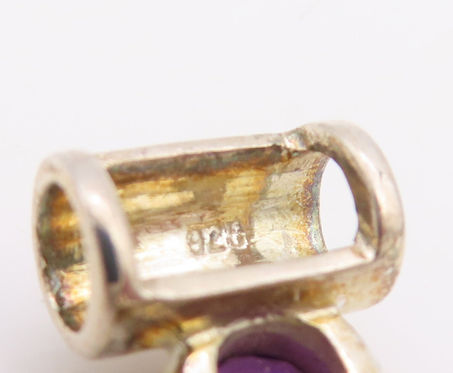 925 Sterling Silver Vintage Pendant Solid Round Cut Amethyst & Cylinders PT23548